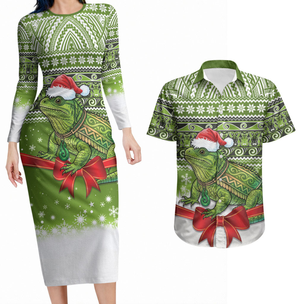 New Zealand Tuatara Christmas Couples Matching Long Sleeve Bodycon Dress and Hawaiian Shirt Maori Inspired Knitted Patterns