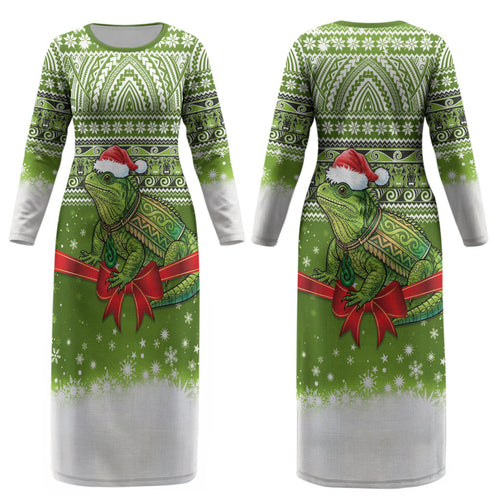 New Zealand Tuatara Christmas Couples Matching Long Sleeve Bodycon Dress and Hawaiian Shirt Maori Inspired Knitted Patterns