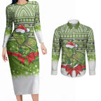 New Zealand Tuatara Christmas Couples Matching Long Sleeve Bodycon Dress and Long Sleeve Button Shirt Maori Inspired Knitted Patterns