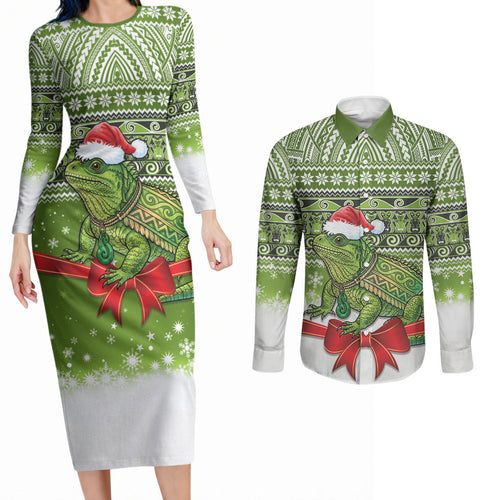 New Zealand Tuatara Christmas Couples Matching Long Sleeve Bodycon Dress and Long Sleeve Button Shirt Maori Inspired Knitted Patterns