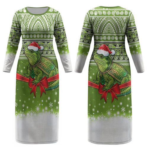 New Zealand Tuatara Christmas Couples Matching Long Sleeve Bodycon Dress and Long Sleeve Button Shirt Maori Inspired Knitted Patterns