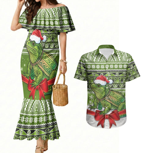 New Zealand Tuatara Christmas Couples Matching Mermaid Dress and Hawaiian Shirt Maori Inspired Knitted Patterns