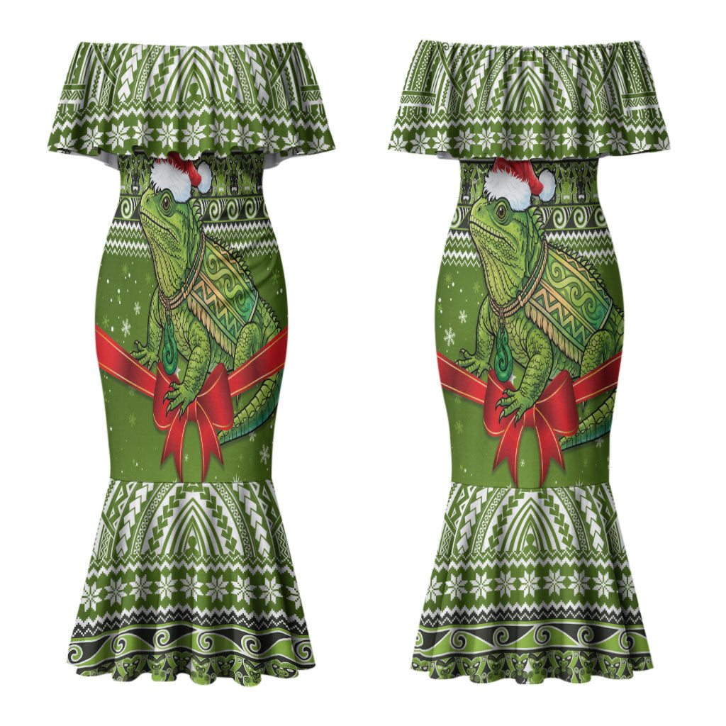 New Zealand Tuatara Christmas Couples Matching Mermaid Dress and Hawaiian Shirt Maori Inspired Knitted Patterns