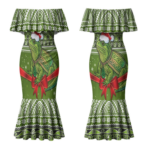 New Zealand Tuatara Christmas Couples Matching Mermaid Dress and Hawaiian Shirt Maori Inspired Knitted Patterns