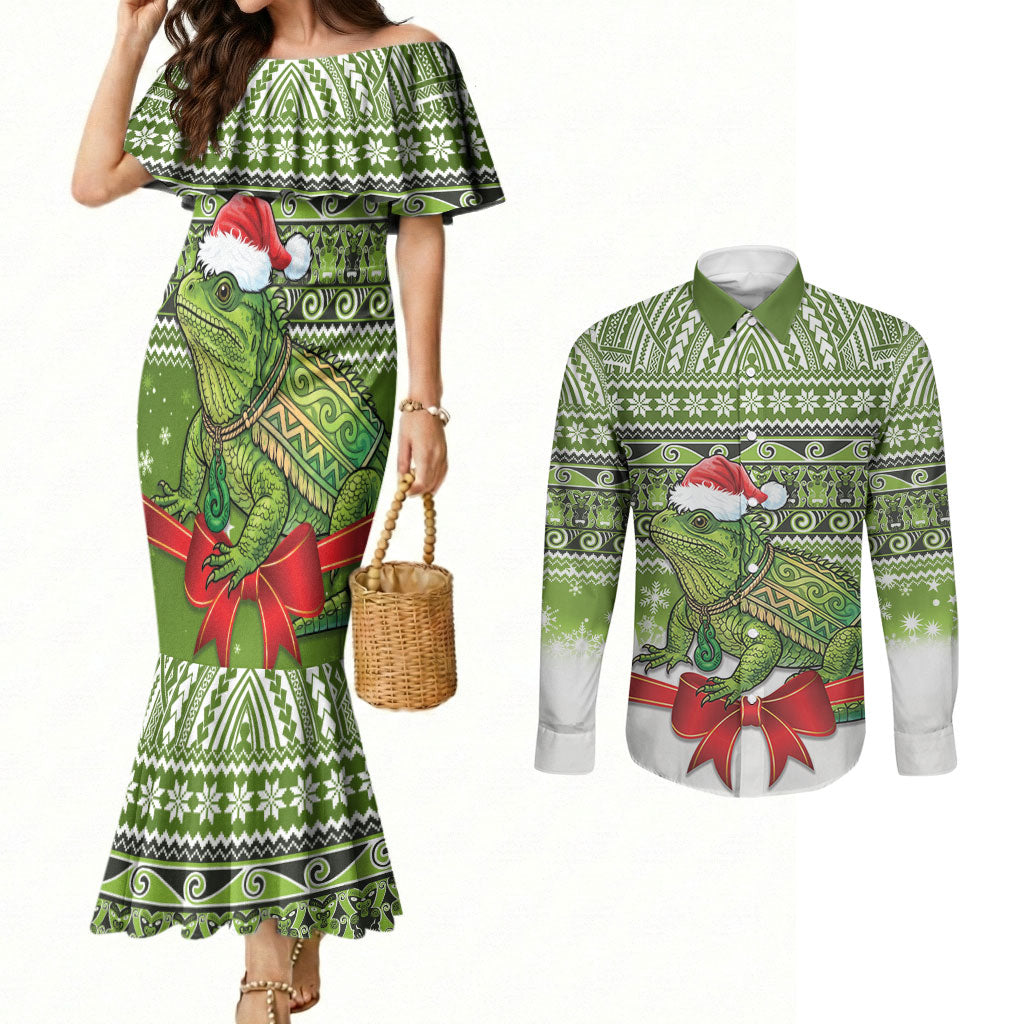 New Zealand Tuatara Christmas Couples Matching Mermaid Dress and Long Sleeve Button Shirt Maori Inspired Knitted Patterns