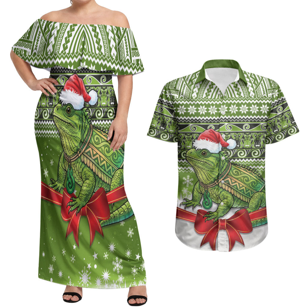 New Zealand Tuatara Christmas Couples Matching Off Shoulder Maxi Dress and Hawaiian Shirt Maori Inspired Knitted Patterns