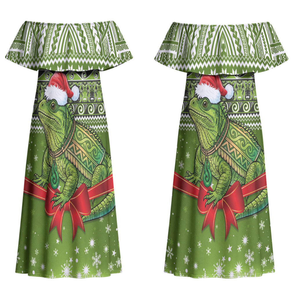 New Zealand Tuatara Christmas Couples Matching Off Shoulder Maxi Dress and Hawaiian Shirt Maori Inspired Knitted Patterns