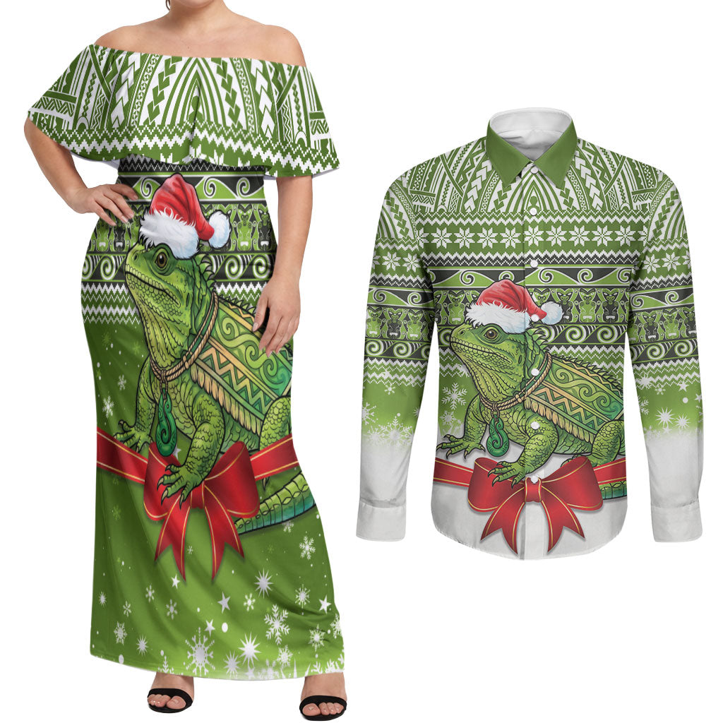 New Zealand Tuatara Christmas Couples Matching Off Shoulder Maxi Dress and Long Sleeve Button Shirt Maori Inspired Knitted Patterns