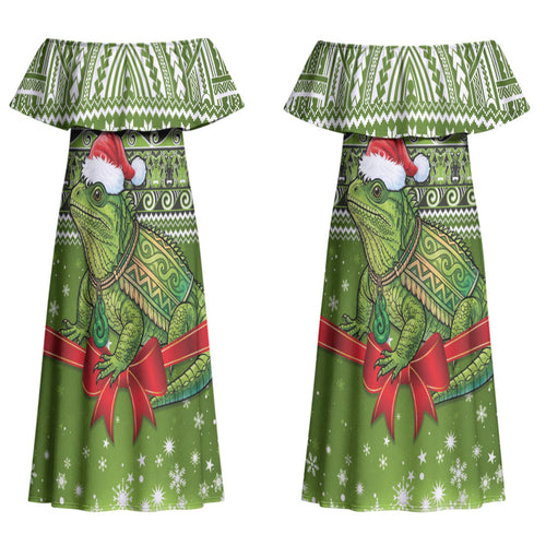 New Zealand Tuatara Christmas Couples Matching Off Shoulder Maxi Dress and Long Sleeve Button Shirt Maori Inspired Knitted Patterns
