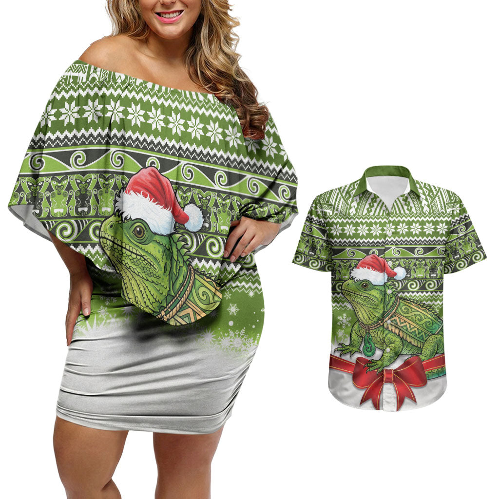 New Zealand Tuatara Christmas Couples Matching Off Shoulder Short Dress and Hawaiian Shirt Maori Inspired Knitted Patterns