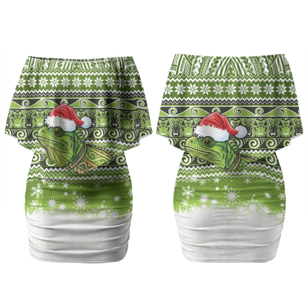 New Zealand Tuatara Christmas Couples Matching Off Shoulder Short Dress and Hawaiian Shirt Maori Inspired Knitted Patterns