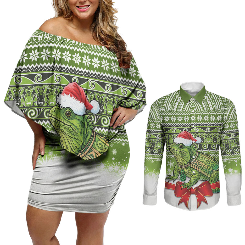 New Zealand Tuatara Christmas Couples Matching Off Shoulder Short Dress and Long Sleeve Button Shirt Maori Inspired Knitted Patterns