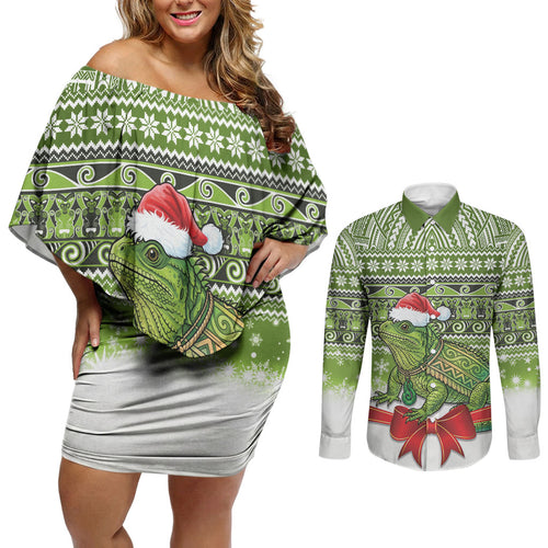 New Zealand Tuatara Christmas Couples Matching Off Shoulder Short Dress and Long Sleeve Button Shirt Maori Inspired Knitted Patterns