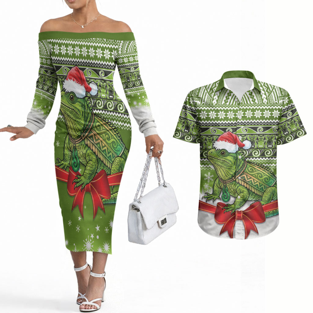 New Zealand Tuatara Christmas Couples Matching Off The Shoulder Long Sleeve Dress and Hawaiian Shirt Maori Inspired Knitted Patterns