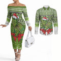 New Zealand Tuatara Christmas Couples Matching Off The Shoulder Long Sleeve Dress and Long Sleeve Button Shirt Maori Inspired Knitted Patterns