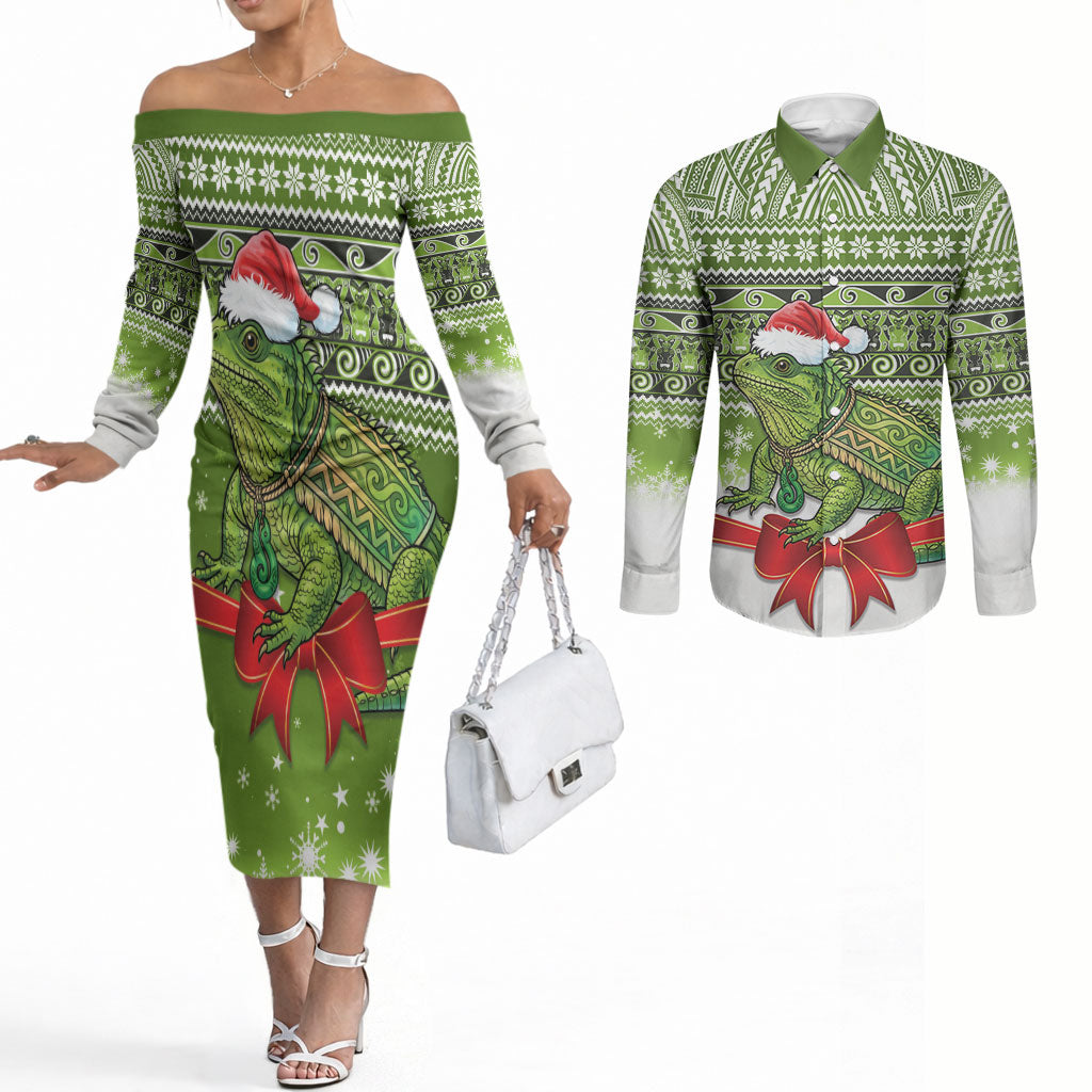 New Zealand Tuatara Christmas Couples Matching Off The Shoulder Long Sleeve Dress and Long Sleeve Button Shirt Maori Inspired Knitted Patterns