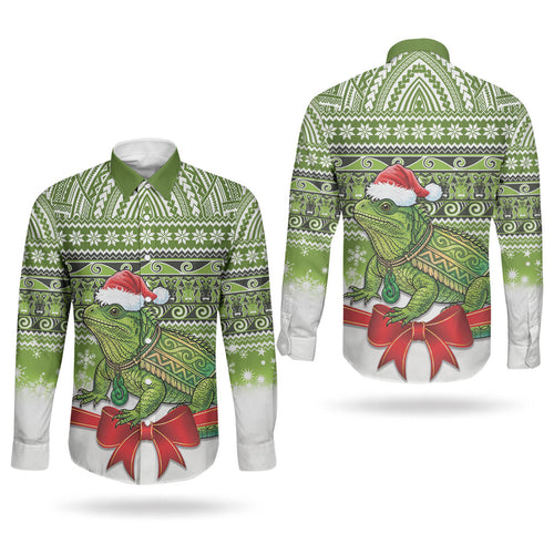 New Zealand Tuatara Christmas Couples Matching Off The Shoulder Long Sleeve Dress and Long Sleeve Button Shirt Maori Inspired Knitted Patterns