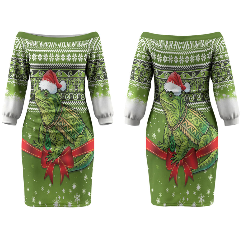 New Zealand Tuatara Christmas Couples Matching Off The Shoulder Long Sleeve Dress and Long Sleeve Button Shirt Maori Inspired Knitted Patterns