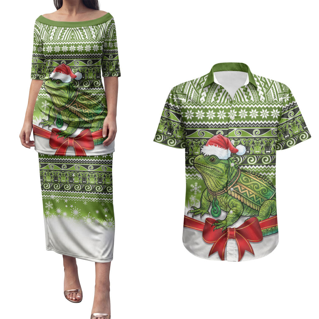 New Zealand Tuatara Christmas Couples Matching Puletasi and Hawaiian Shirt Maori Inspired Knitted Patterns