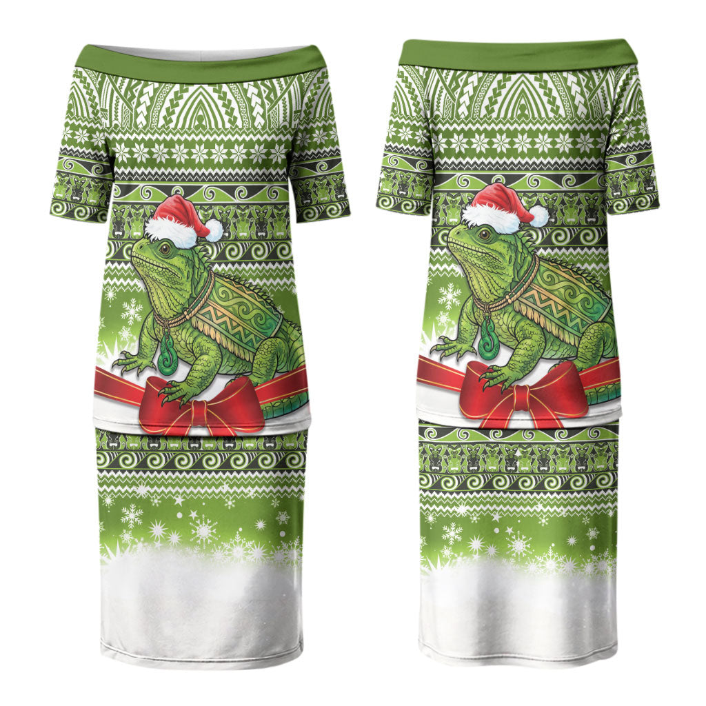 New Zealand Tuatara Christmas Couples Matching Puletasi and Hawaiian Shirt Maori Inspired Knitted Patterns