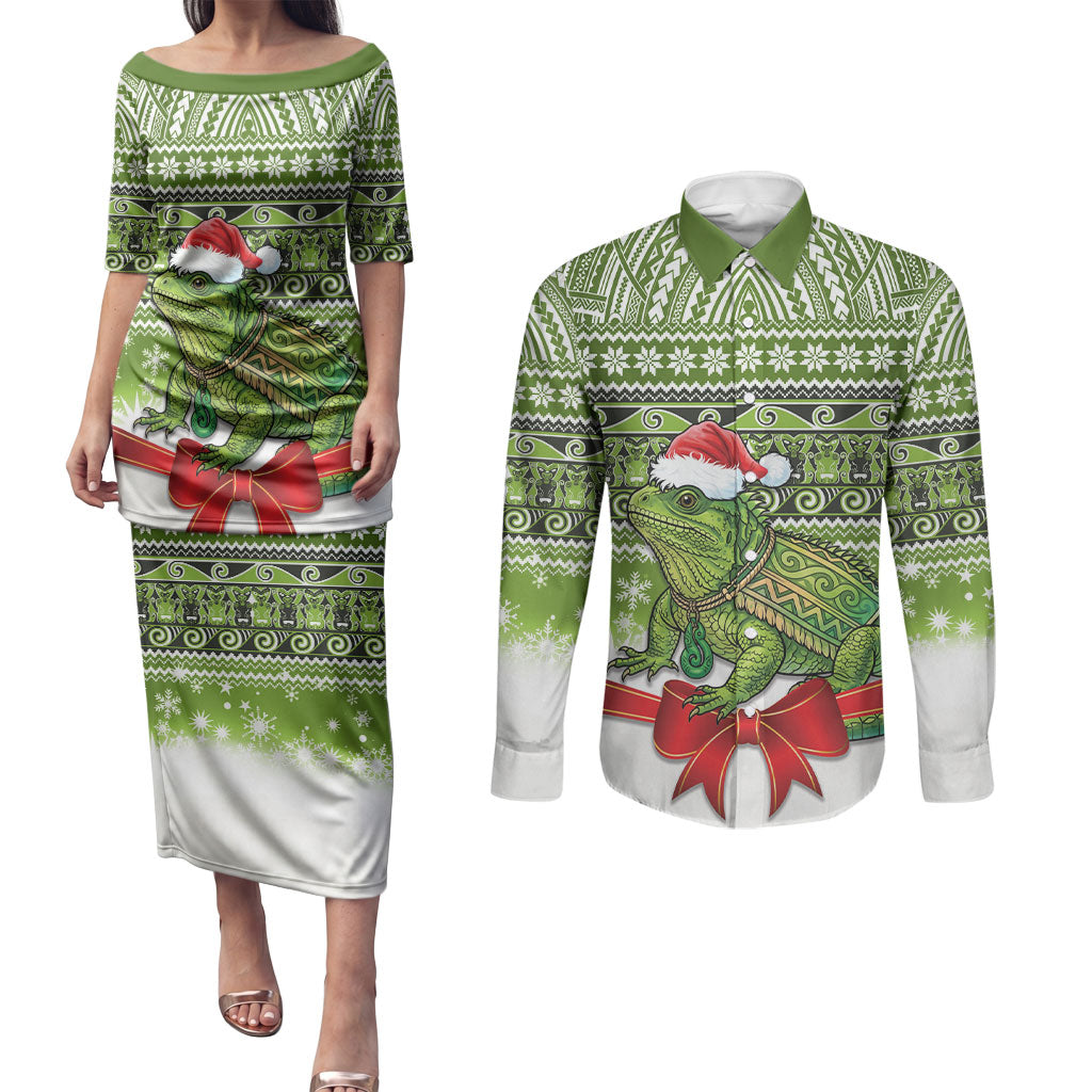 New Zealand Tuatara Christmas Couples Matching Puletasi and Long Sleeve Button Shirt Maori Inspired Knitted Patterns