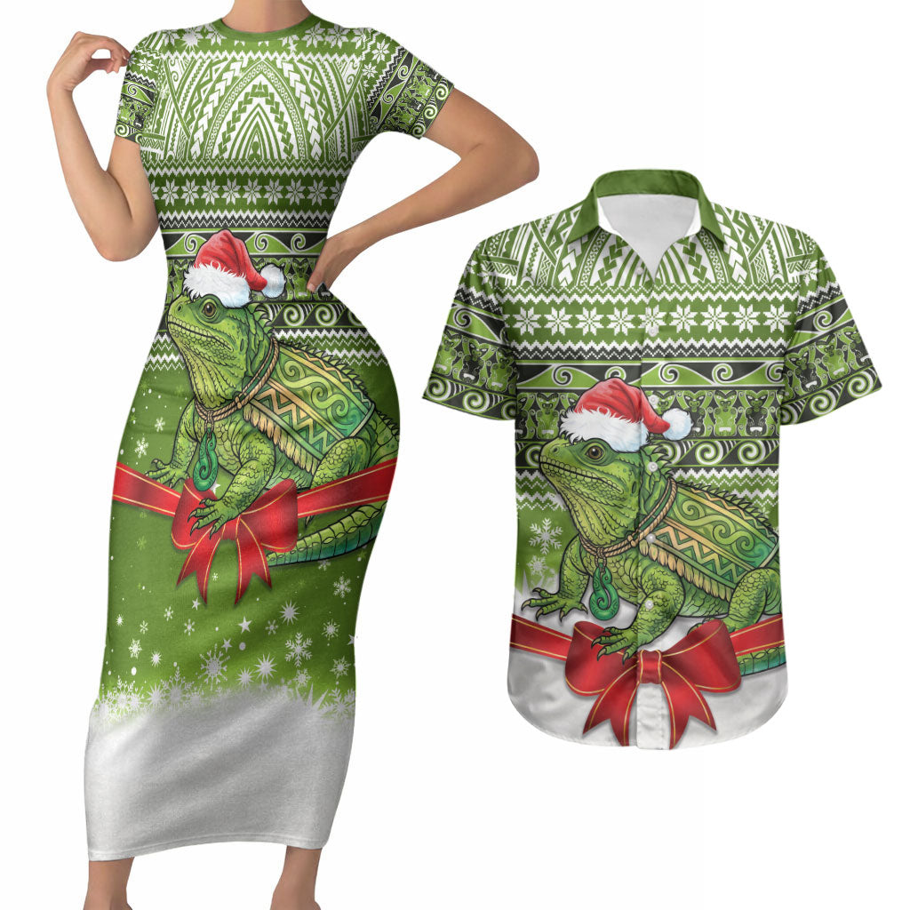 New Zealand Tuatara Christmas Couples Matching Short Sleeve Bodycon Dress and Hawaiian Shirt Maori Inspired Knitted Patterns