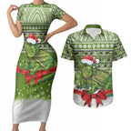 New Zealand Tuatara Christmas Couples Matching Short Sleeve Bodycon Dress and Hawaiian Shirt Maori Inspired Knitted Patterns