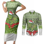 New Zealand Tuatara Christmas Couples Matching Short Sleeve Bodycon Dress and Long Sleeve Button Shirt Maori Inspired Knitted Patterns