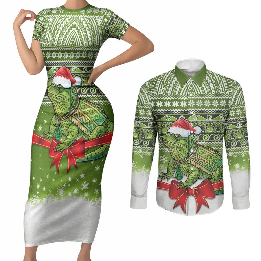 New Zealand Tuatara Christmas Couples Matching Short Sleeve Bodycon Dress and Long Sleeve Button Shirt Maori Inspired Knitted Patterns