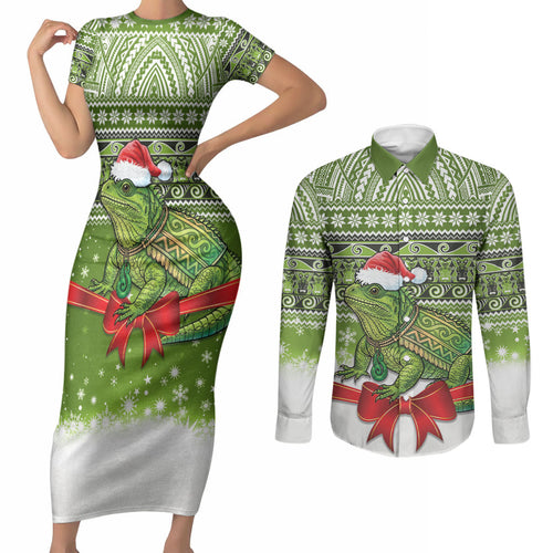 New Zealand Tuatara Christmas Couples Matching Short Sleeve Bodycon Dress and Long Sleeve Button Shirt Maori Inspired Knitted Patterns