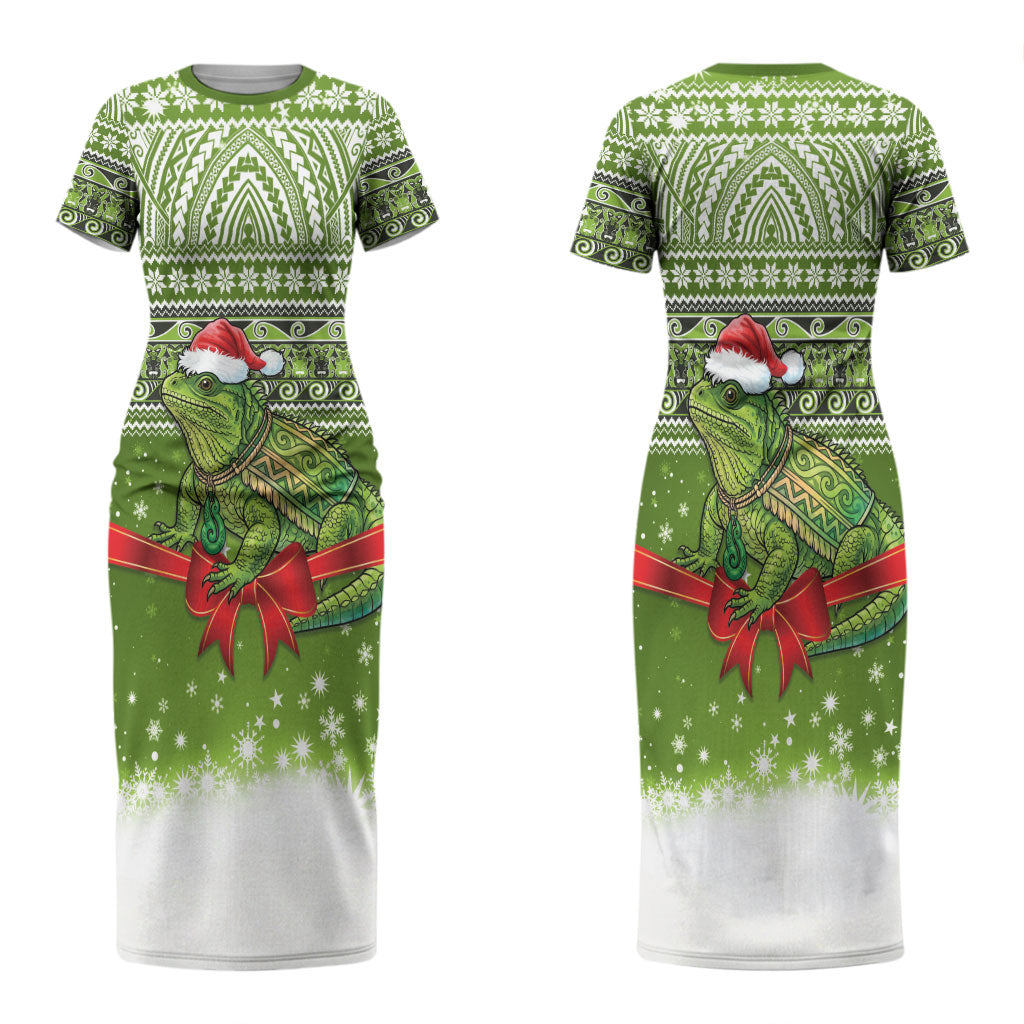 New Zealand Tuatara Christmas Couples Matching Short Sleeve Bodycon Dress and Long Sleeve Button Shirt Maori Inspired Knitted Patterns