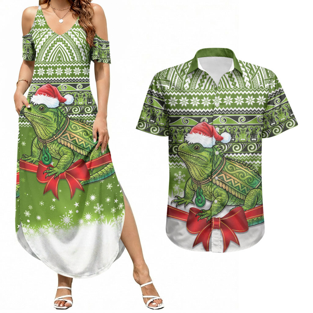 New Zealand Tuatara Christmas Couples Matching Summer Maxi Dress and Hawaiian Shirt Maori Inspired Knitted Patterns