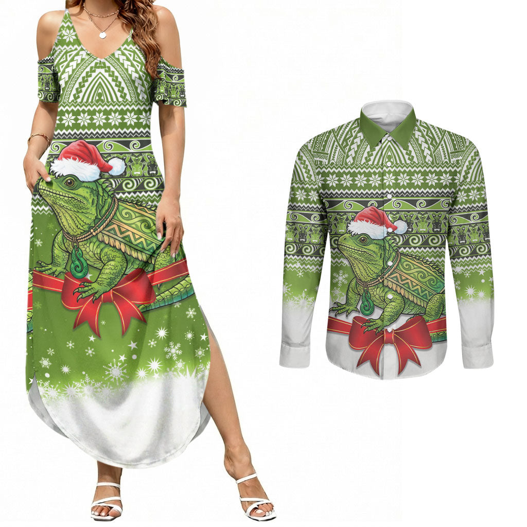 New Zealand Tuatara Christmas Couples Matching Summer Maxi Dress and Long Sleeve Button Shirt Maori Inspired Knitted Patterns