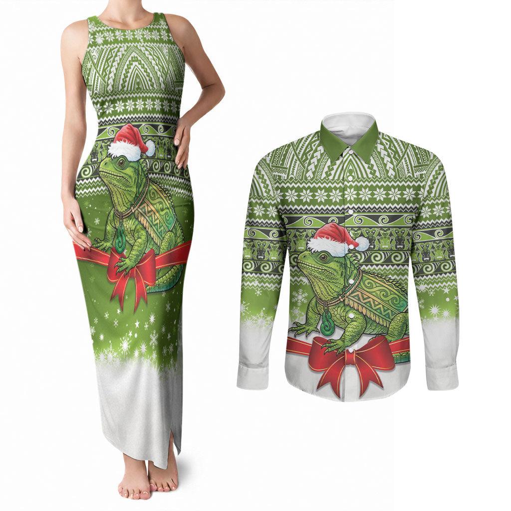 New Zealand Tuatara Christmas Couples Matching Tank Maxi Dress and Long Sleeve Button Shirt Maori Inspired Knitted Patterns