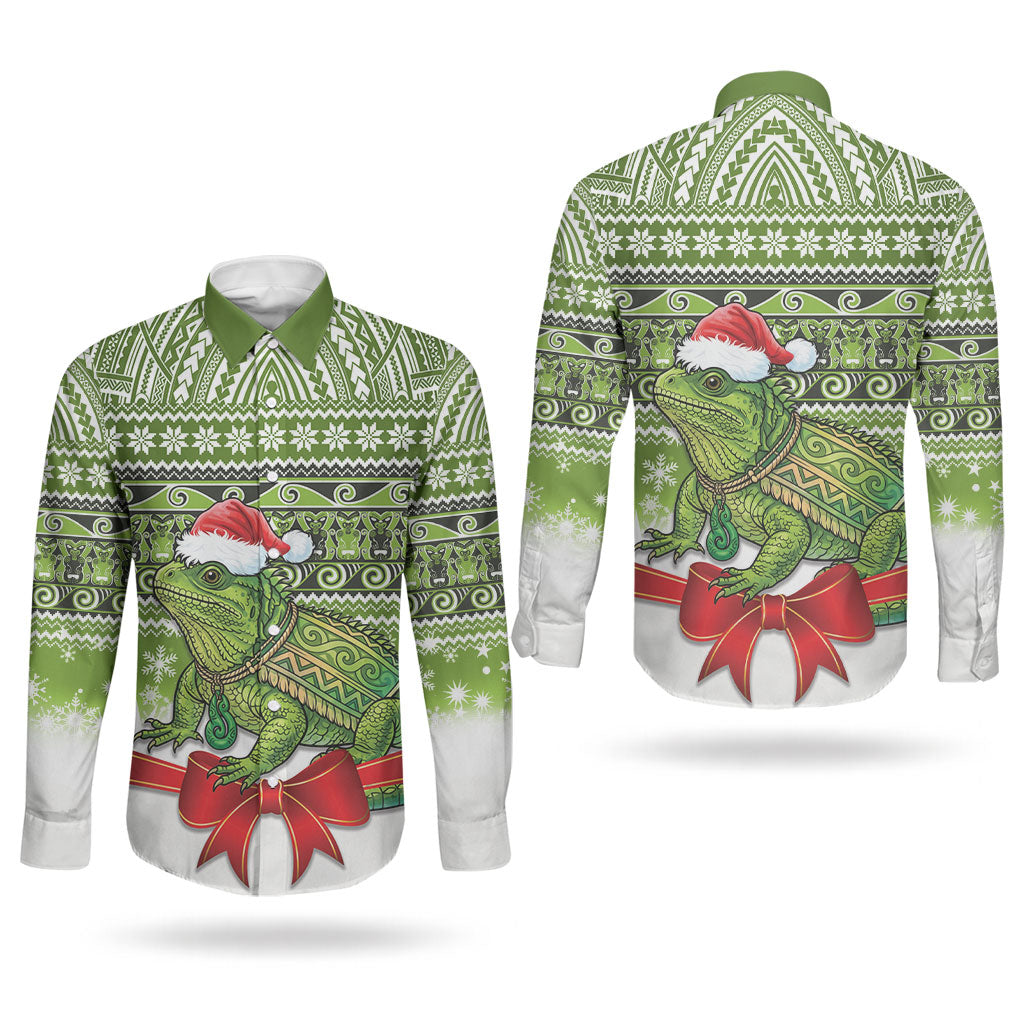 New Zealand Tuatara Christmas Couples Matching Tank Maxi Dress and Long Sleeve Button Shirt Maori Inspired Knitted Patterns