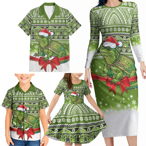 New Zealand Tuatara Christmas Family Matching Long Sleeve Bodycon Dress and Hawaiian Shirt Maori Inspired Knitted Patterns
