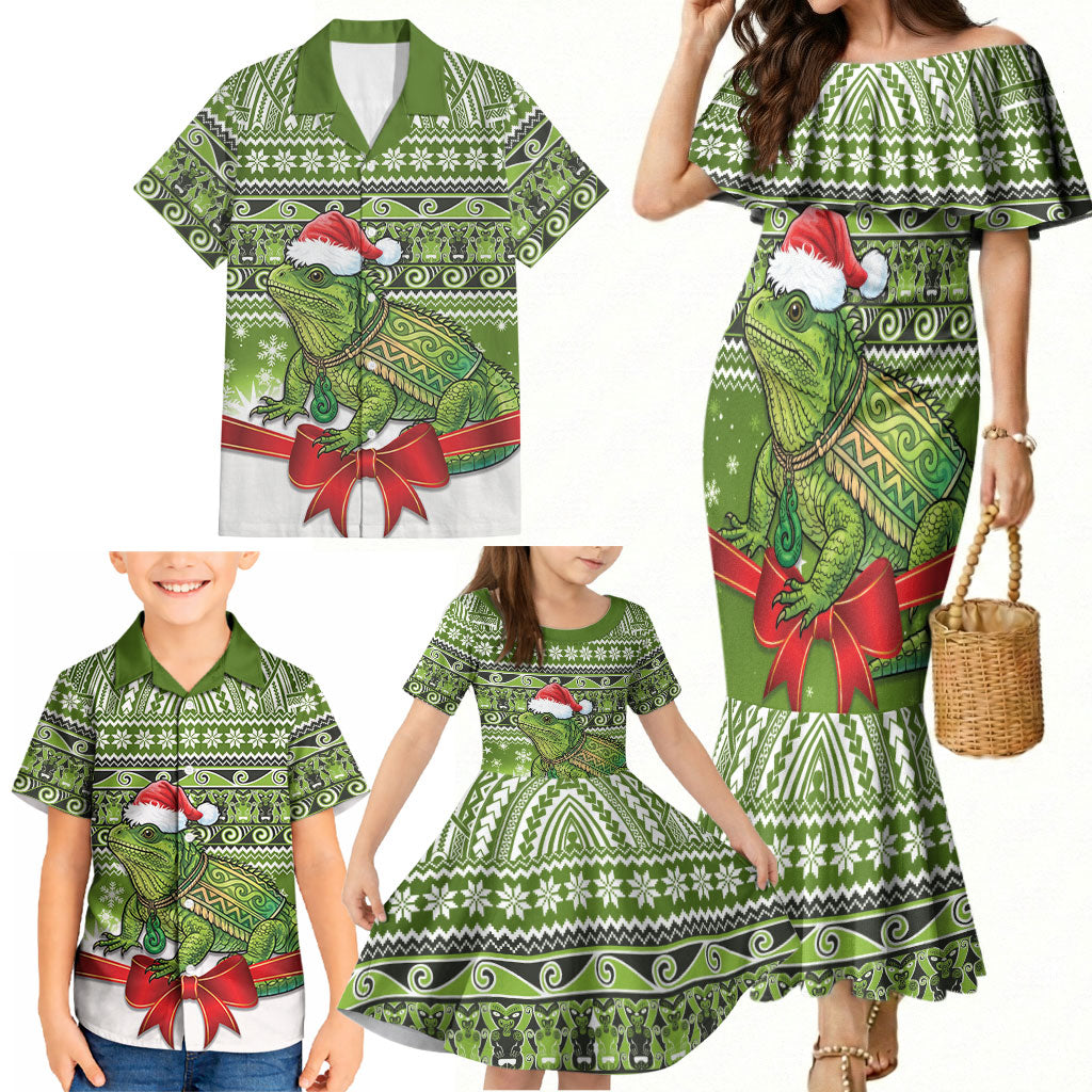 New Zealand Tuatara Christmas Family Matching Mermaid Dress and Hawaiian Shirt Maori Inspired Knitted Patterns