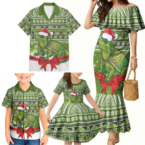 New Zealand Tuatara Christmas Family Matching Mermaid Dress and Hawaiian Shirt Maori Inspired Knitted Patterns