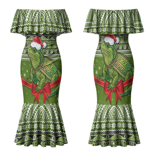 New Zealand Tuatara Christmas Family Matching Mermaid Dress and Hawaiian Shirt Maori Inspired Knitted Patterns
