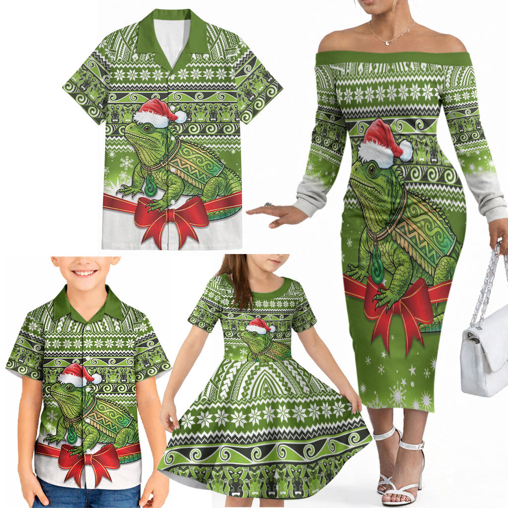 New Zealand Tuatara Christmas Family Matching Off The Shoulder Long Sleeve Dress and Hawaiian Shirt Maori Inspired Knitted Patterns