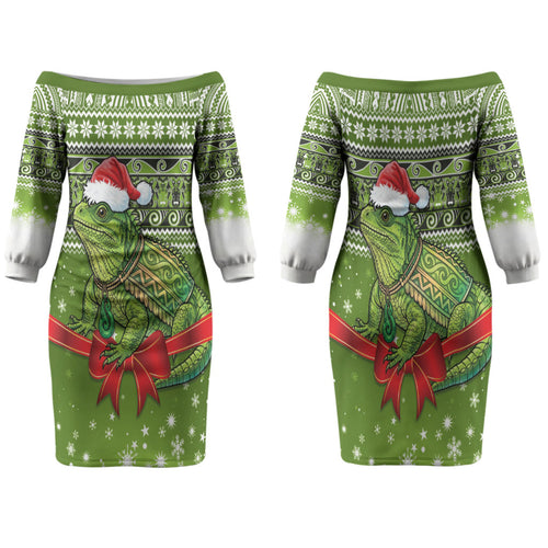 New Zealand Tuatara Christmas Family Matching Off The Shoulder Long Sleeve Dress and Hawaiian Shirt Maori Inspired Knitted Patterns