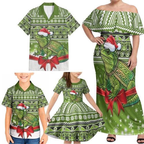 New Zealand Tuatara Christmas Family Matching Off Shoulder Maxi Dress and Hawaiian Shirt Maori Inspired Knitted Patterns