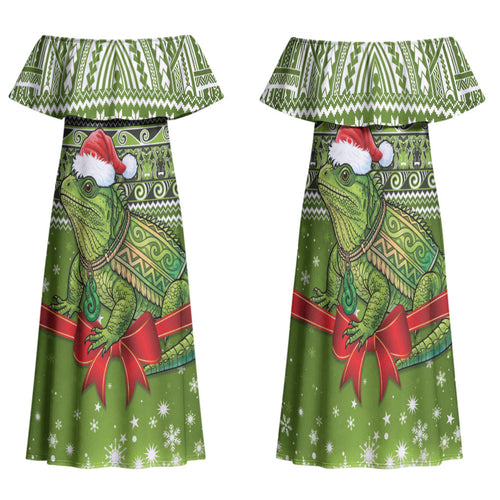 New Zealand Tuatara Christmas Family Matching Off Shoulder Maxi Dress and Hawaiian Shirt Maori Inspired Knitted Patterns