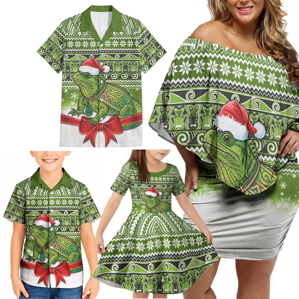 New Zealand Tuatara Christmas Family Matching Off Shoulder Short Dress and Hawaiian Shirt Maori Inspired Knitted Patterns