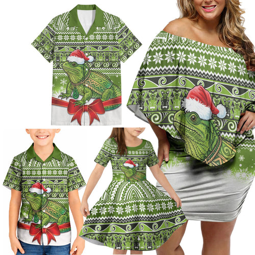 New Zealand Tuatara Christmas Family Matching Off Shoulder Short Dress and Hawaiian Shirt Maori Inspired Knitted Patterns