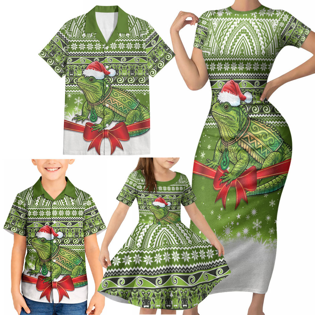 New Zealand Tuatara Christmas Family Matching Short Sleeve Bodycon Dress and Hawaiian Shirt Maori Inspired Knitted Patterns