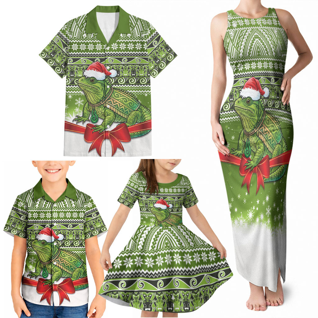 New Zealand Tuatara Christmas Family Matching Tank Maxi Dress and Hawaiian Shirt Maori Inspired Knitted Patterns