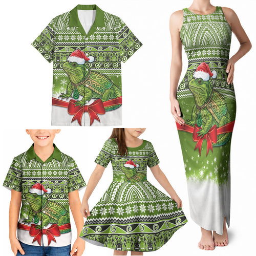 New Zealand Tuatara Christmas Family Matching Tank Maxi Dress and Hawaiian Shirt Maori Inspired Knitted Patterns