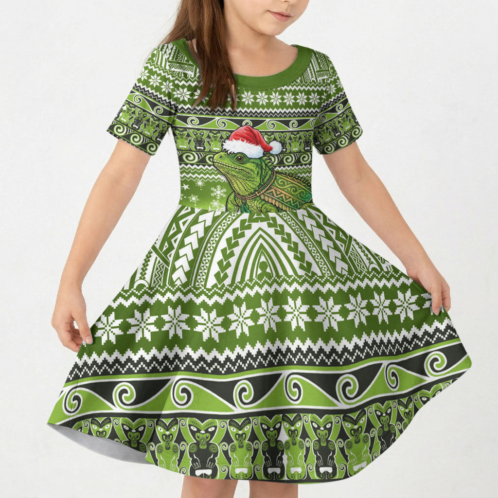 New Zealand Tuatara Christmas Kid Short Sleeve Dress Maori Inspired Knitted Patterns