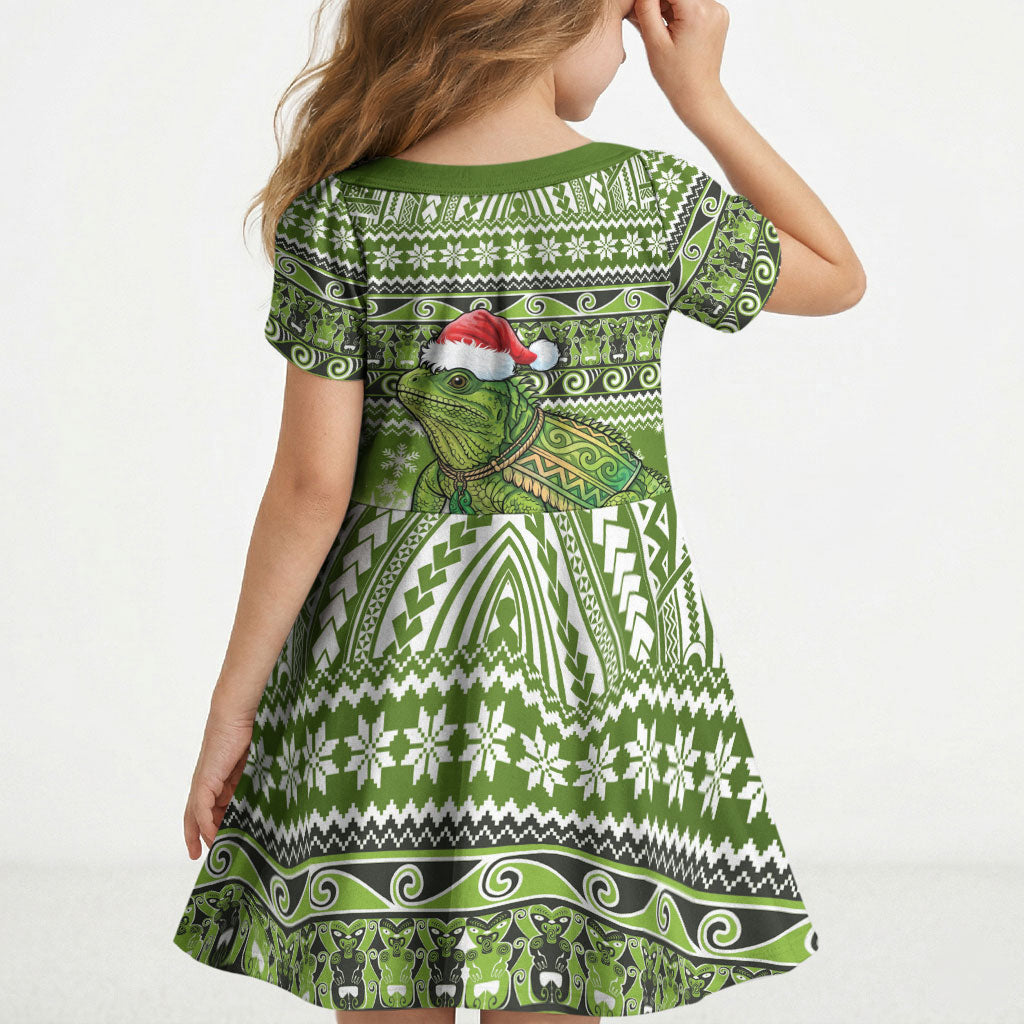 New Zealand Tuatara Christmas Kid Short Sleeve Dress Maori Inspired Knitted Patterns